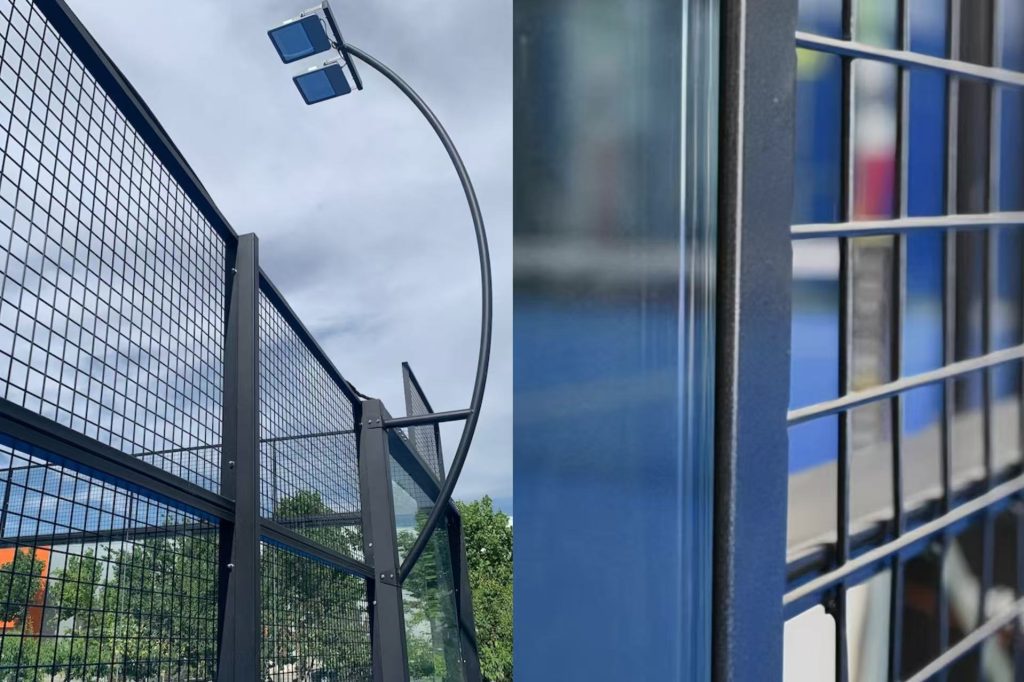 padel court steel structure detail showing reinforced frame and anti-corrosion coating for outdoor use