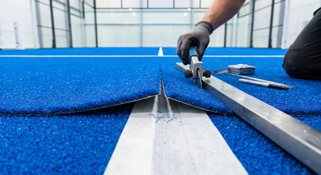 Close-up of precision seam cutting during padel turf installation, using a straight edge and cutter on blue artificial grass.