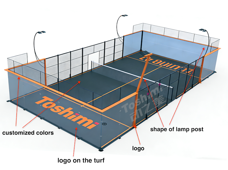 Custom Padel Court Manufacturer - Toshimi Bespoke Structural Design Bespoke Padel Court structural customization by Toshimi Sports, featuring laser-cut pillar logos, personalized turf branding, custom frame colors, and unique LED lamp posts.