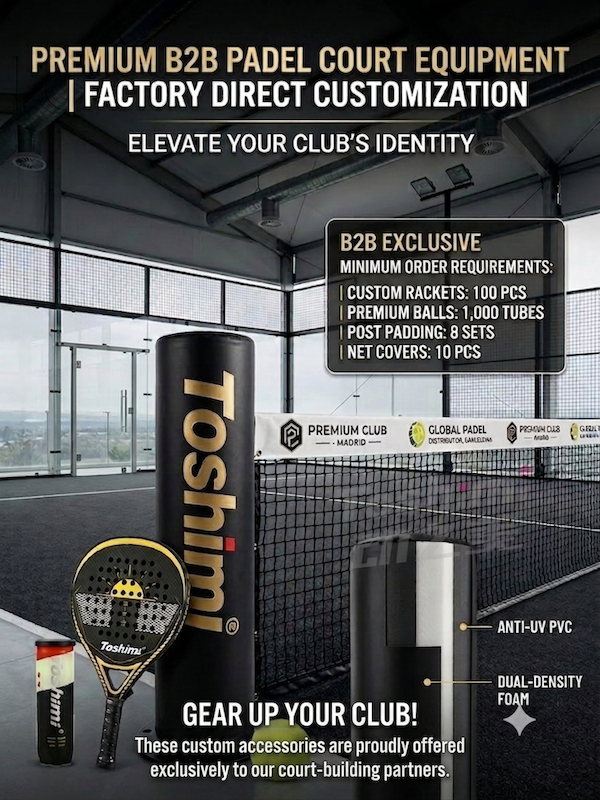 Premium B2B Padel Court Equipment Customization Premium B2B Padel Court equipment customization by Toshimi Sports, showing branded post padding, net covers, custom rackets, and balls.