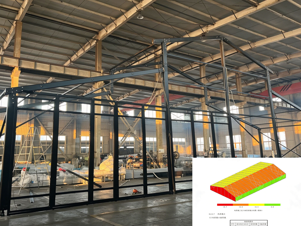 T6061-T6 Aluminum Alloy Frame Manufacturing - Toshimi Sports T6061-T6 hard-pressed extruded aluminum alloy frame assembly for sports tents inside the Toshimi Sports manufacturing facility, featuring a 3D structural stress analysis model.