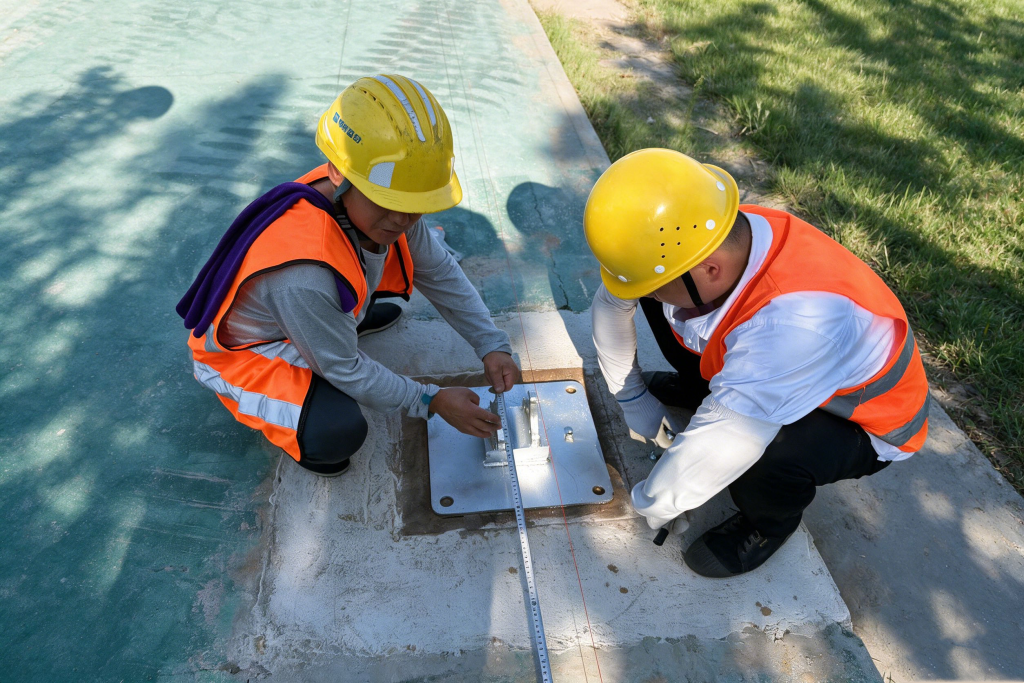 Temporary Modular Structure Anchoring System Installation Professional workers installing a secure base plate anchoring system with high-strength expansion bolts for Toshimi Sports temporary modular structures, ensuring maximum structural stability.