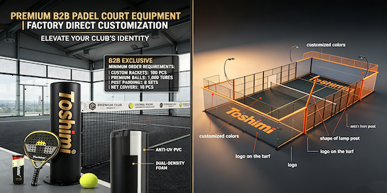 360° bespoke Padel court customization by Toshimi Sports, featuring structural design with custom frame colors, turf logos, and premium B2B equipment add-ons like branded post padding and rackets.