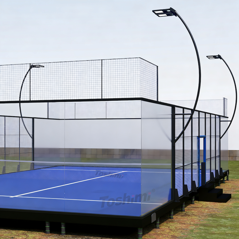 Toshimi Sports padel court installed on grass using a modular suspension platform without concrete foundation