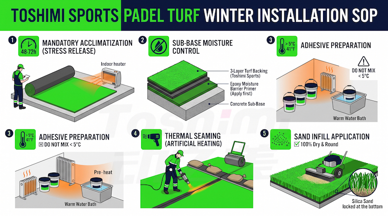 Infographic of Toshimi Sports padel turf winter installation SOP showing 5 steps to prevent turf bulging and seam failure in cold weather.