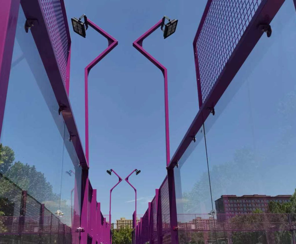 Toshimi-Panoramic-Padel-Court-Purple Toshimi Sports panoramic padel court featuring purple hot-dip galvanized steel structure and safety tempered glass